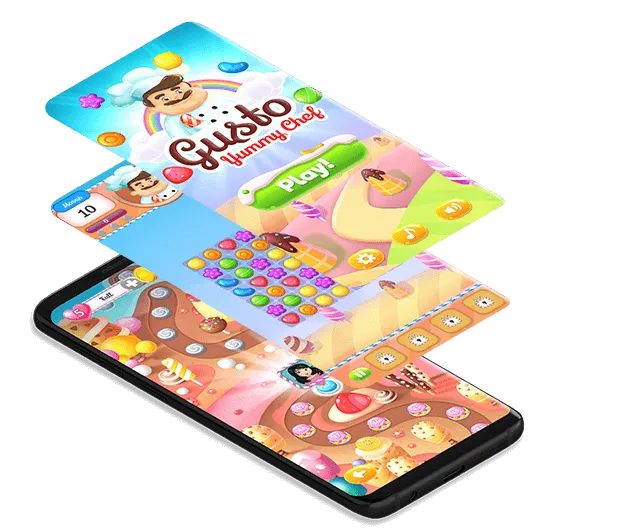 Gusto Yummy Chef gameplay board with fruit candies and Chef Gusto