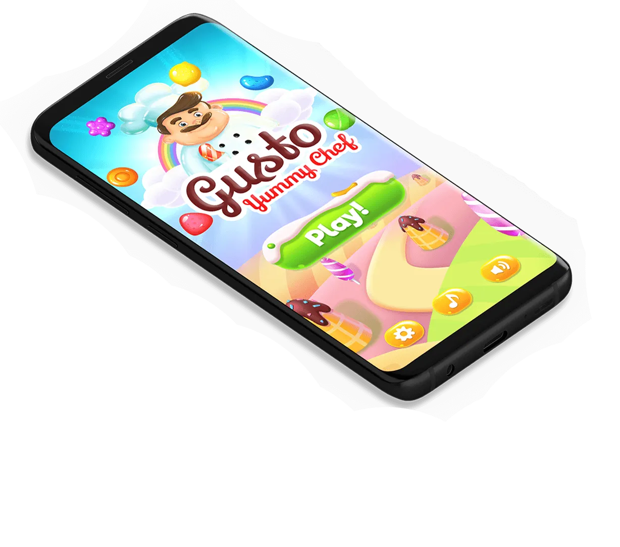 Chef Gusto with fruit candies – Gusto Yummy Chef hero artwork